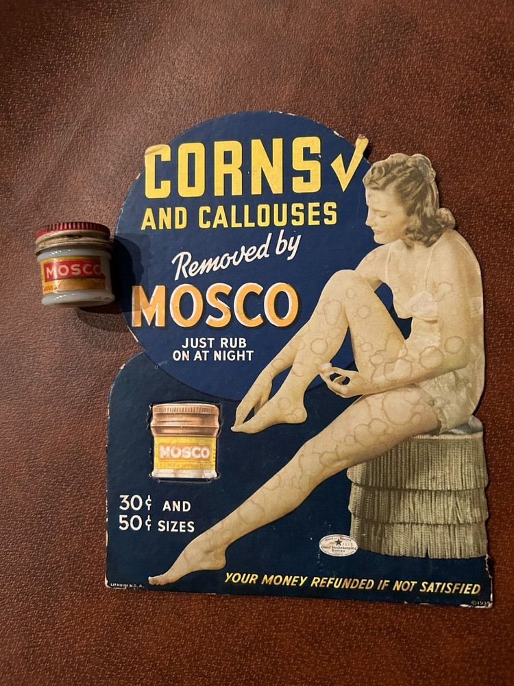 Vintage Mosco Corn Remover Store Dispay Advertisement & Unopened Vial 1939