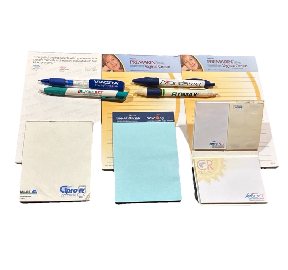 Lot of Vintage Pharmaceutical Drug Rep Pens Paper Pads Viagra Flomax Premarin