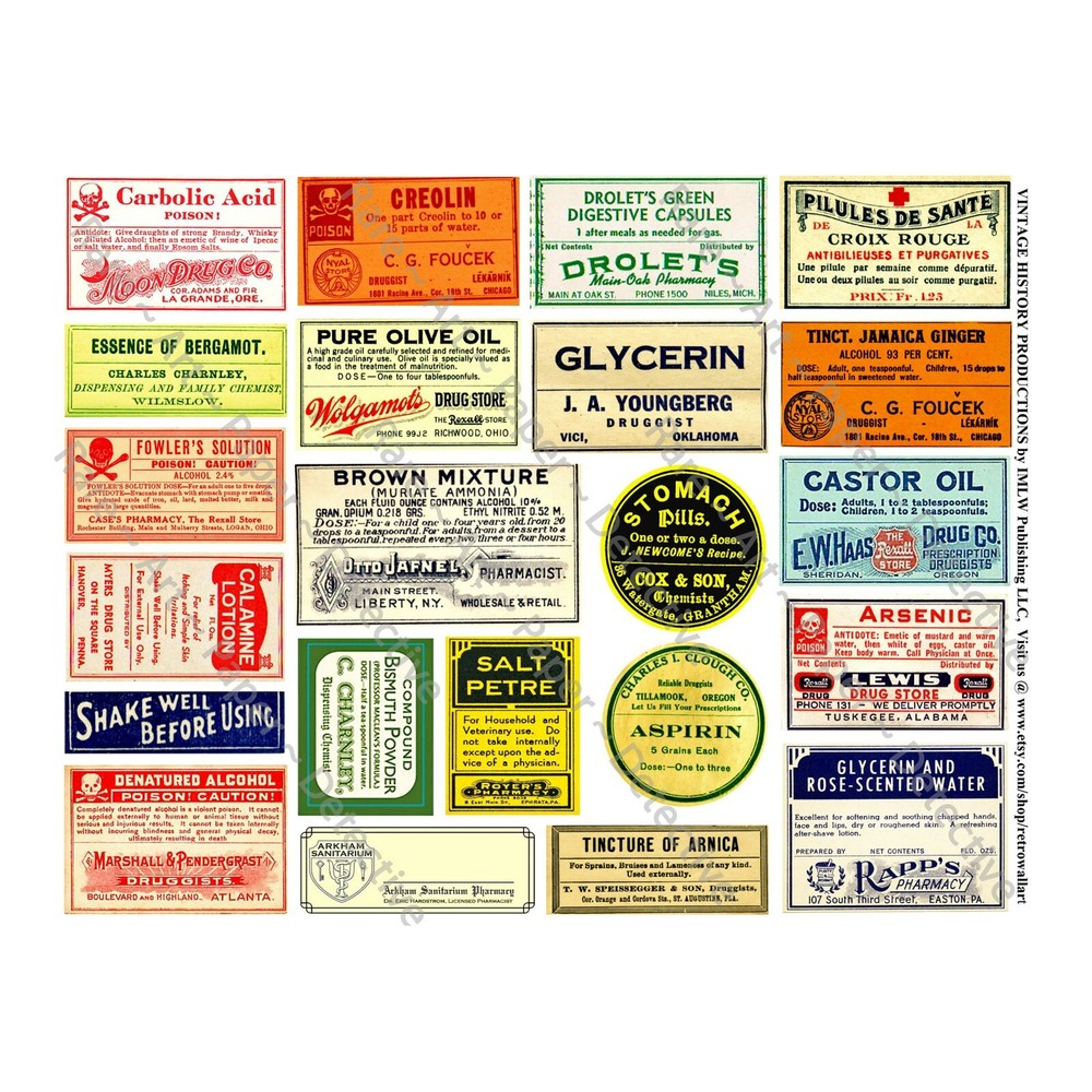 Apothecary Poison Stickers on 1 Cut & Peel Sheet, Medicine Cabinet Labels, 276
