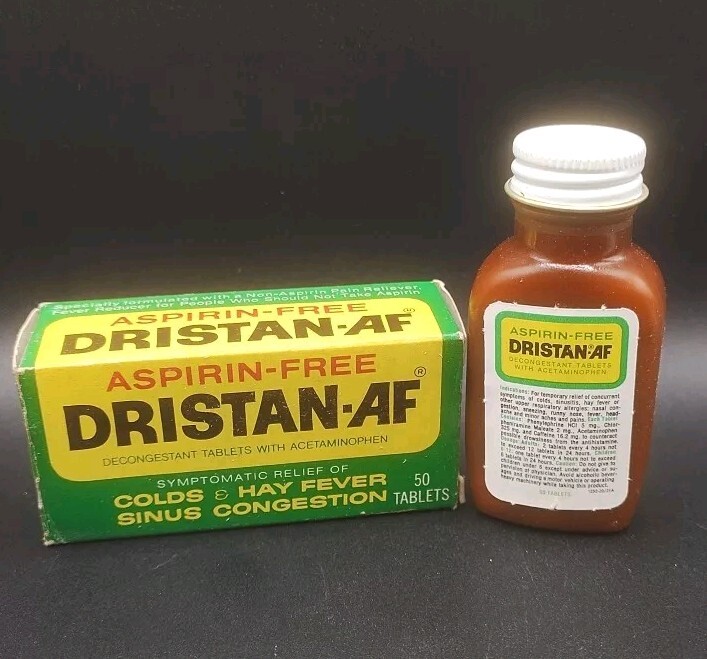 NOS 80’s Vintage Dristan-AF Aspirin Free Medicine 50 ~ Plastic Bottle HTF Rare