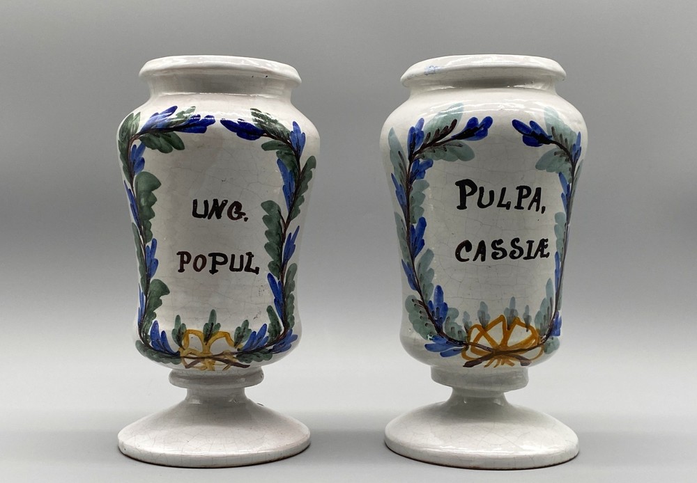 c. 1850 Large Pair Italian Delft Faience Apothecary Pharmacy Albarello Drug Jars