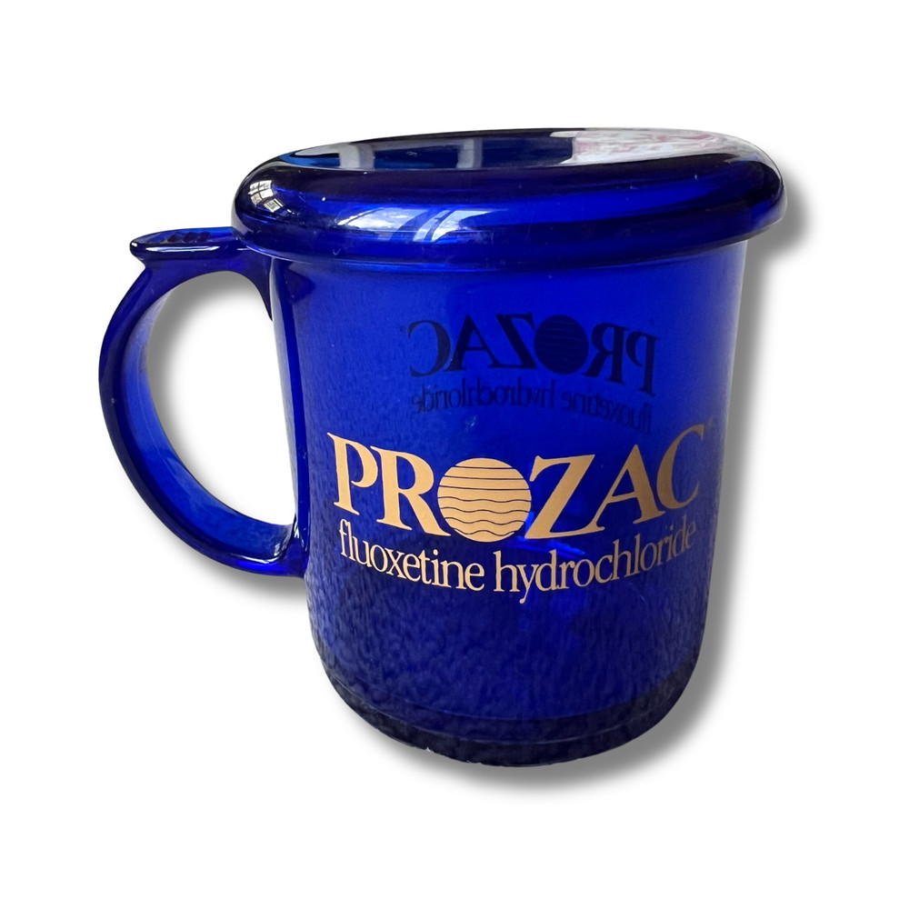 Prozac Pharmaceutical Pharma Drug Rep Promotional Mug – Blue Plastic with Lid