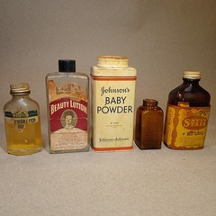 Vintage Bottle Cabinet Lot HK Mulford Johnson Baby Powder Beauty Lotion Oil