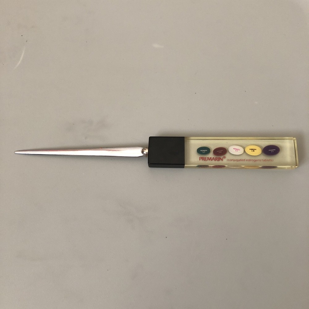 VTG Drug Rep Pharmaceutical Promo Letter Opener PREMARIN Lucite Encased Capsules