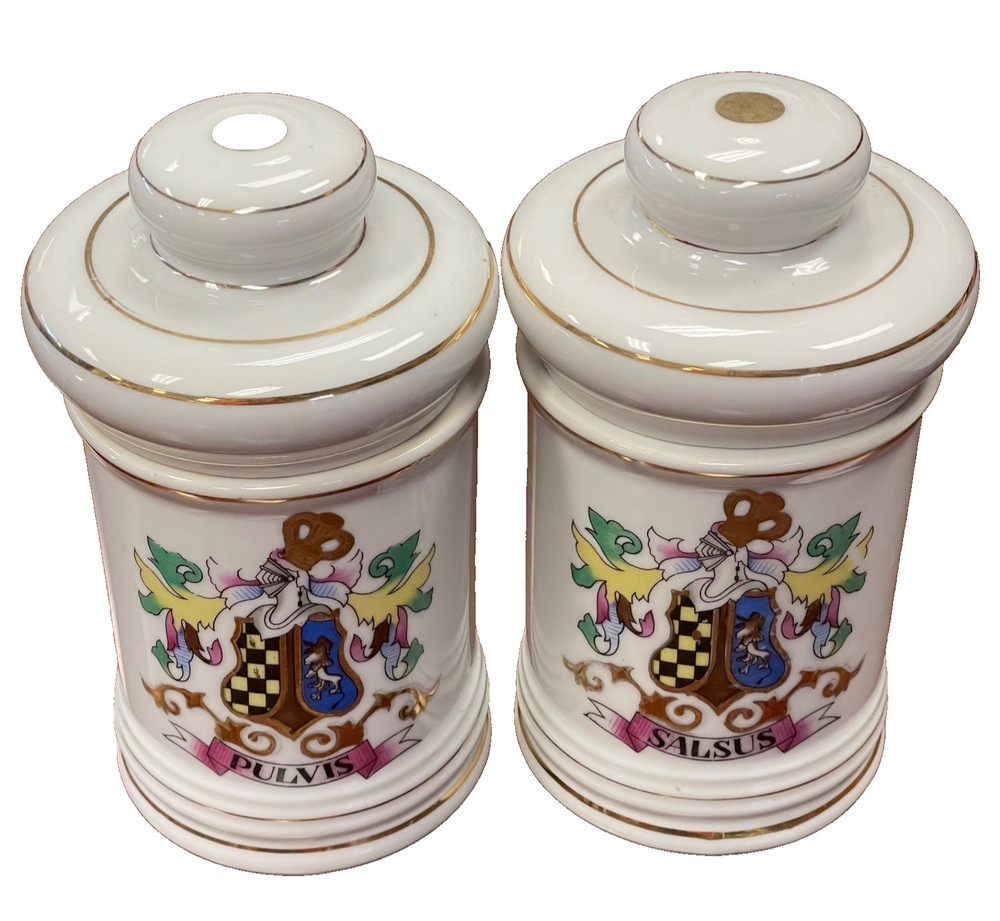 Pair Vintage Porcelain Apothecary Jar Latin Pulvis & Salsus Gold Rim DOM Japan