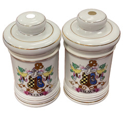 Pair Vintage Porcelain Apothecary Jar Latin Pulvis & Salsus Gold Rim DOM Japan