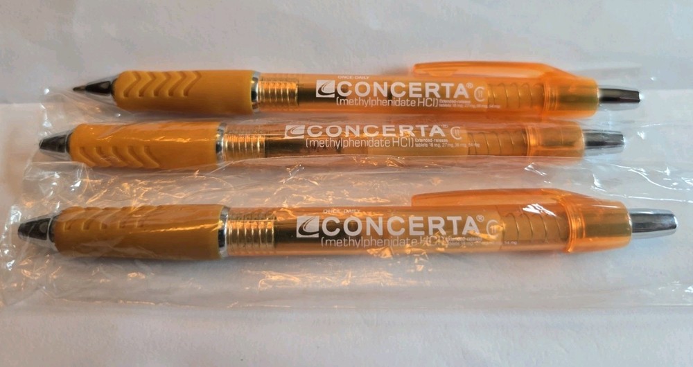 Concerta Pen x3 Pharmaceutical Drug Rep Promo Orange Plastic Medical NEW