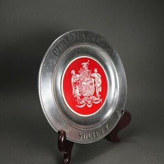 Vintage Squibb Apothecary Pharmaceutical Society Pewter Plate w/ Wood Stand