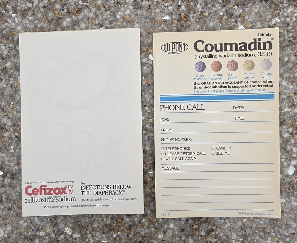 Vintage Medical Advertising Lot 1983 DuPont Coumadin Pad 1987 Cefizox Note Paper