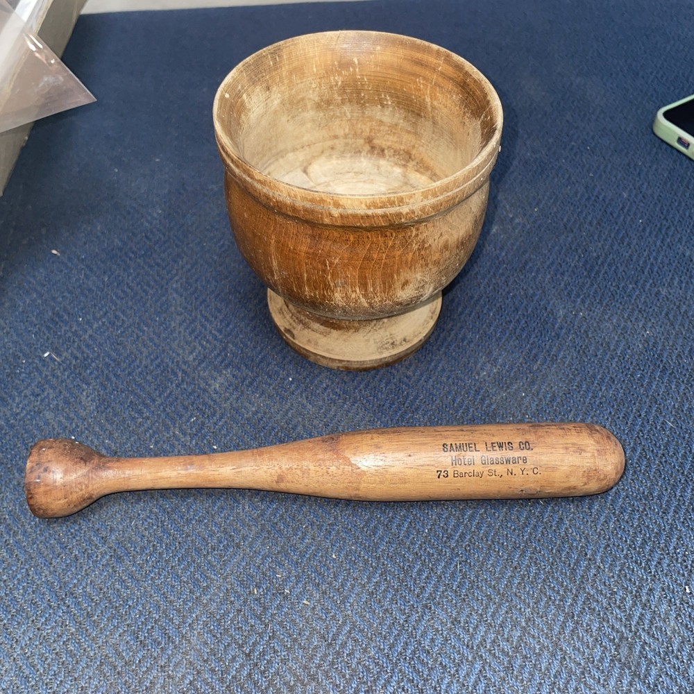 Advertising Pestle Wooden Wood Mortar Vintage – Samuel Lewis Co Hotel Glassware