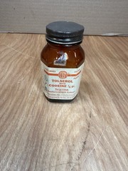 Vintage Pill Bottle Tolserol With Codeine Empty Bottle Narcotic Squibb 100