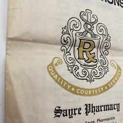 Sagre Pharmacy Paper Prescription Bag Elmer New Jersey Ephemera Prop Vtg 1970s