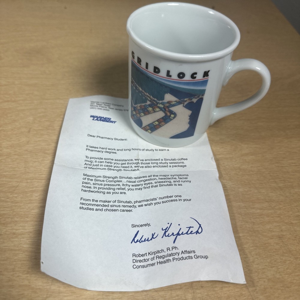 Vintage Drug Rep Gridlock Sinutab Pharmaceutical Promotional Mug W Letter