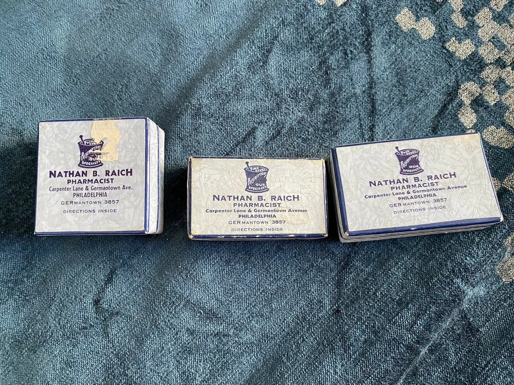 3 Vintage 1941, 42, 43 Cardboard Pharmacist pill box – Philadelphia￼. WW 2