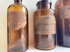 Three Antique Amber Glass Apothecary Medicine Bottles + Labels, Stopper & Cork