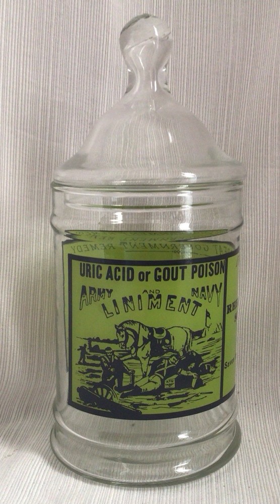 Vintage 1970s Glass Apothecary Jar Lid Uric Acid Gout Poison Army Navy Liniment