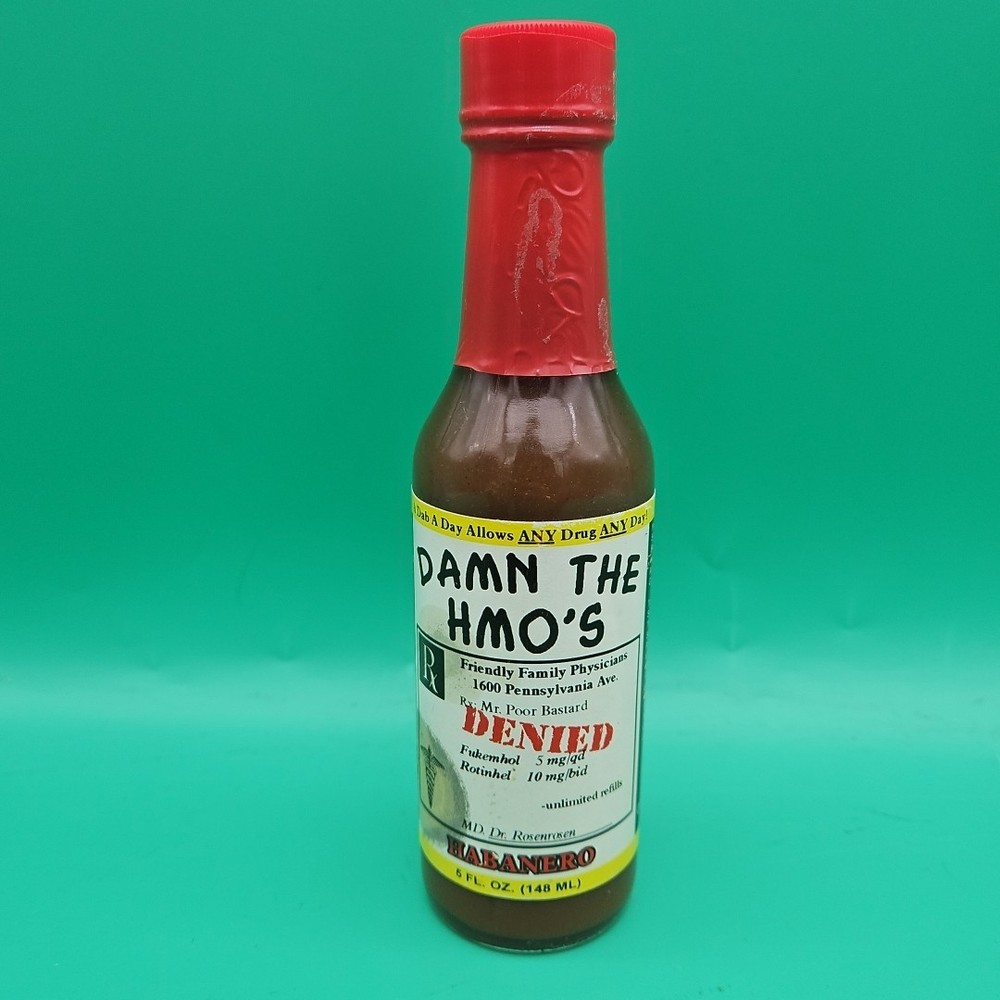 Rare Pharmaceutical Drug Rep Hot Sauce Bottle „Damn The HMO’s“ Habanero 5 Oz