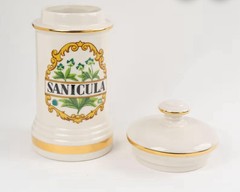 VINTAGE 1970’s SANICULA APOTHECARY JAR BOTANICAL PHARMACY CERAMIC POTTERY EUC