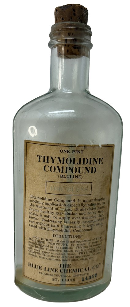Vintage Blue Line Chemical Glass Medicine Bottle Label & Cork! THYMOLIDINE Pint