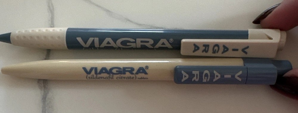 Vintage VIAGRA Drug Rep Click Pens Plastic Blue And Cream Pharmaceutical