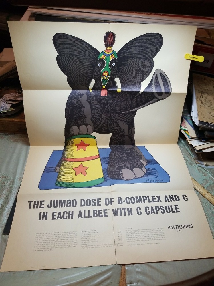 1966 peanuts Jumbo Elephant Poster Allbee Vitamin DR Doctor Office RX A H ROBINS