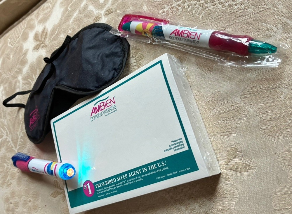 Pharmaceutical Rep Collectible Ad Lot Ambien pen light, pads, pen, mask, book