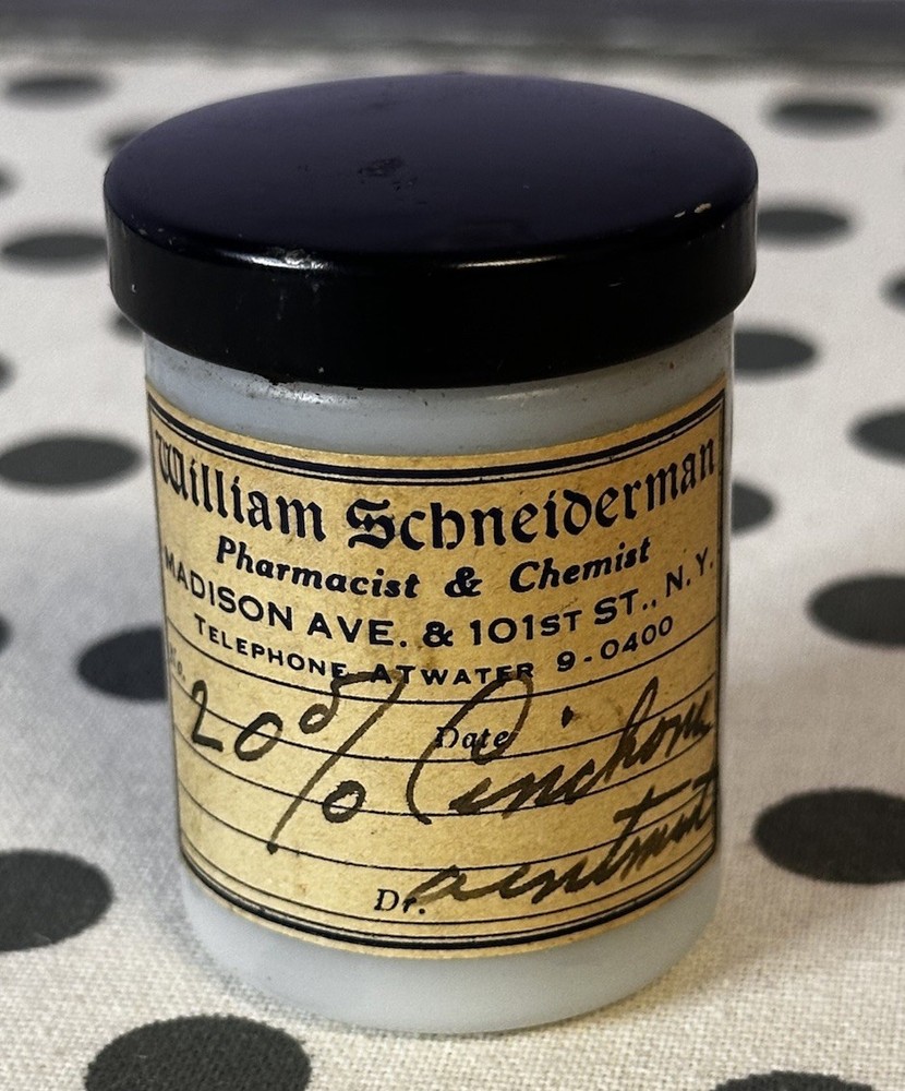 Vintage Apothecary Milk glass Jar w/ Product NYC Pharmacist RARE Display Collect