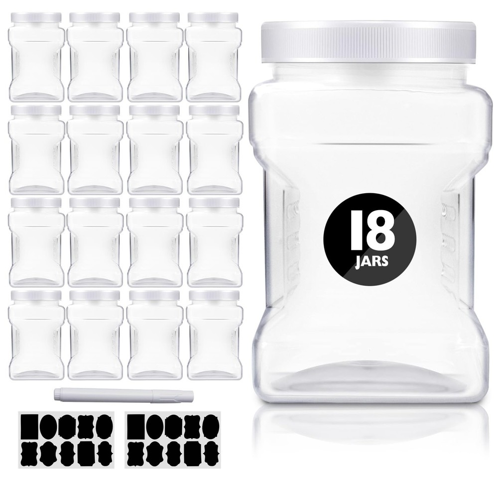 18 Pack Clear Plastic Storage Jars with Lids,27 oz Easy Grip Handles Plastic …