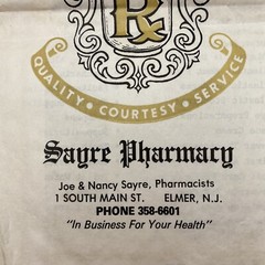 Sagre Pharmacy Paper Prescription Bag Elmer New Jersey Ephemera Prop Vtg 1970s