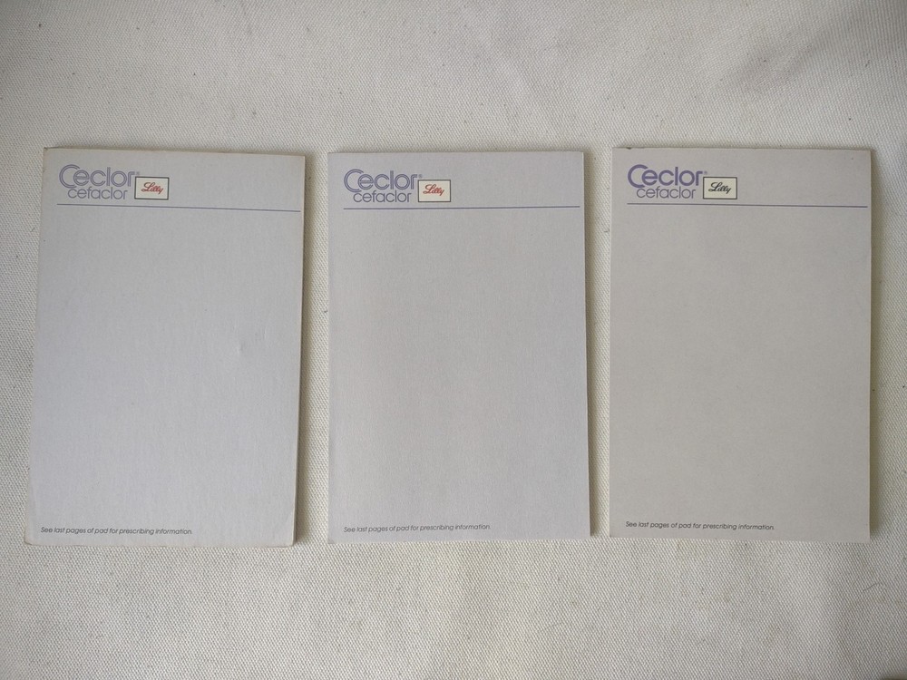 3 VINTAGE 1988 CECLOR ELI LILLY DRUG REP PHARMACEUTICAL CO ADVERTISING NOTEPADS