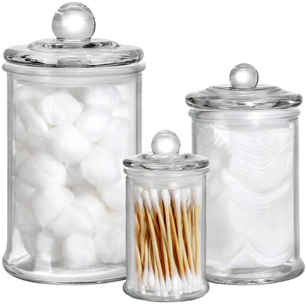 Set of 3 Glass Apothecary Jars with Lids, Bathroom Canisters Storage Containe…