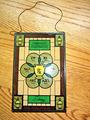 VINTAGE PHARMACY SCHERING FRATERNITY STAINED GLASS LOOK PANEL!