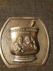 Vintage farmacutical standind plaque Secundum Artem RX Cosmas & Damian 350 A.D
