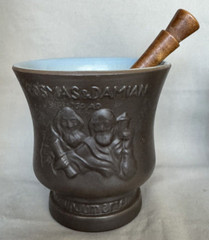 Pair- Schering 1966 Coricidin Cosmas & Damian Ceramic Mortar & Pestles 5″ tall