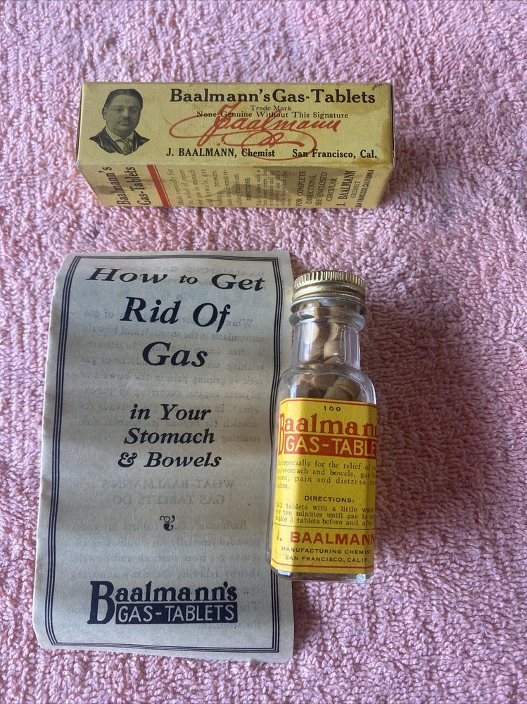 VINTAGE BAALMANN’S GAS TABLETS JAR IN BOX W/ PAPERS FULL RARE Bin #2