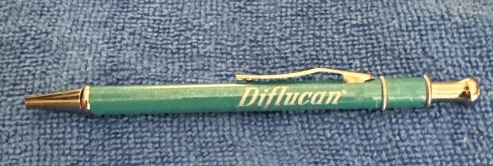 Diflucan Pfizer Drug Rep Click Metal Pen Promotional Teal Green Working Writes