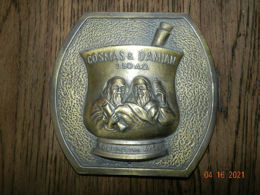 Cosmas & Damian 350 AD Secundum Artem RX Brass Plaque 1980 Promo Chlor Trimeton
