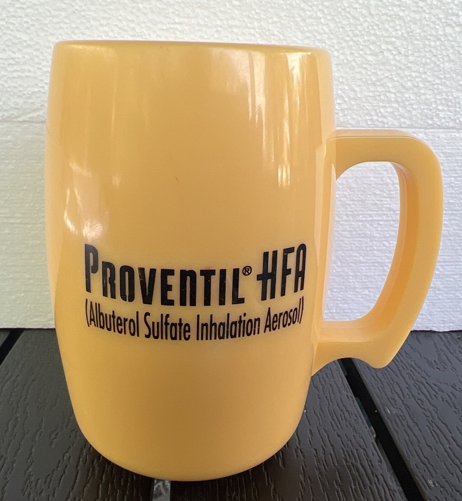 NEW Proventil HFA Yellow Plastic 16 oz Coffee Mug Pharmaceutical Rep USA Unused
