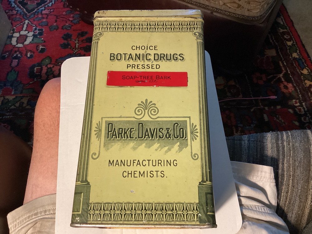 Antique Parke Davis & Co. Choice Botanic Drugs Pressed Soap-Tree Bark Metal Tin