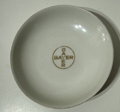 Vtg Bayer Haus Pharmacy Advertisement Promo Porcelain Dish Gold Cross Logo 1952