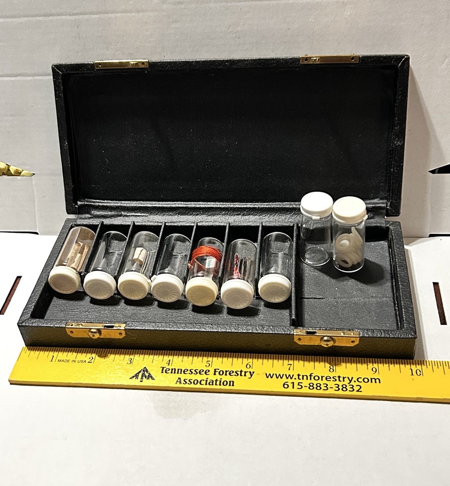 VTG 50s Apothecary Field Box, 9 Specimen Vials, American Case Co Leather & Brass