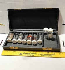 VTG 50s Apothecary Field Box, 9 Specimen Vials, American Case Co Leather & Brass
