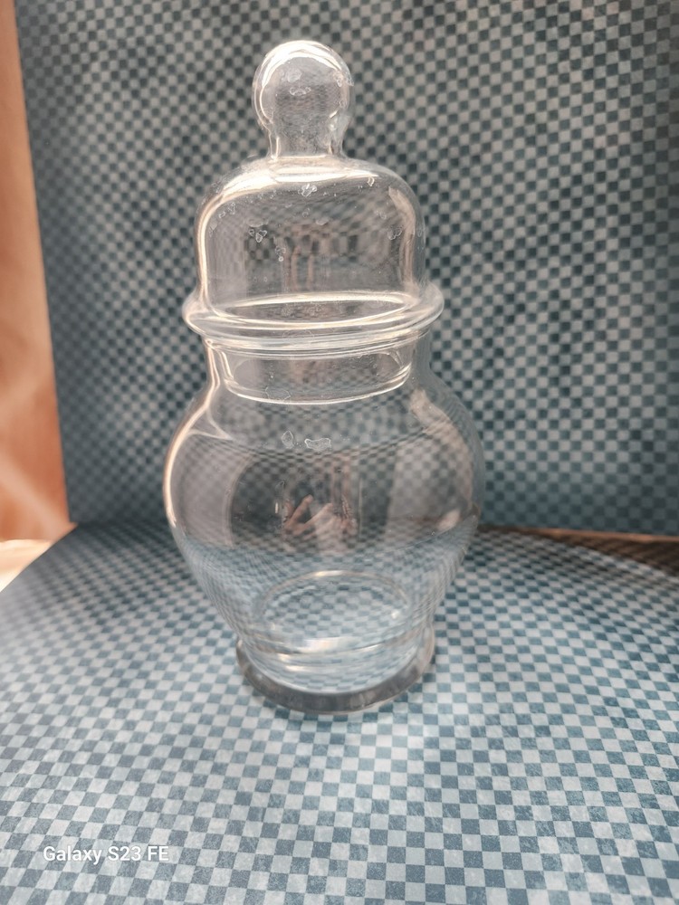 Drugstore Apothecary Jar 7 in. w Lid Signed „July 10. P“ Medicine Glass