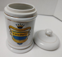 VTG CORICIDIN D WHITE PORCELAIN PHARMACY JAR CONTAINER LID GOLD TRIM CREST