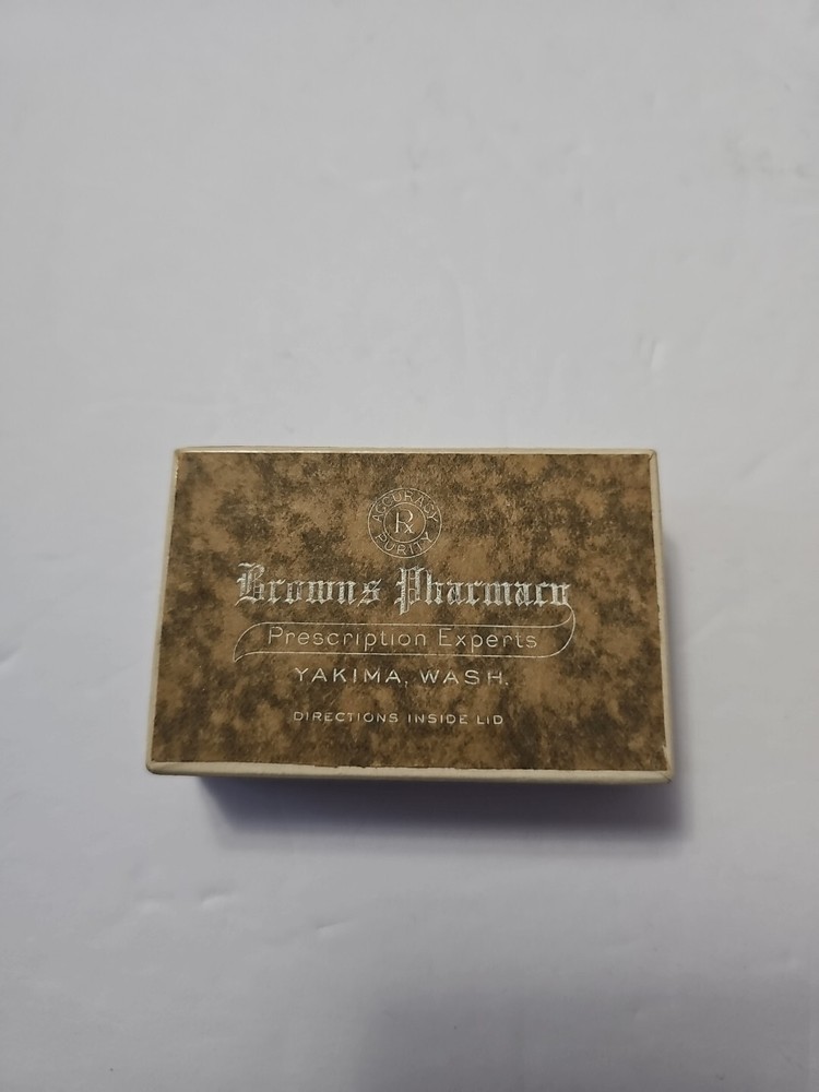 Vintage 1937 Cardboard Paper Pharmacy Prescription Drug Pill Box Browns Yakima
