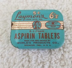 Vintage Aspirin Tin Lot:Yellow Anacin tin & Laymon’s 5¢ Tin World’s Products Co