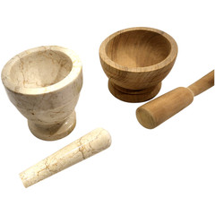 LOT of 2 Vintage 1960s 70s Mortar and Pestle * Italian MARBLE * WOOD 4″ x 4″