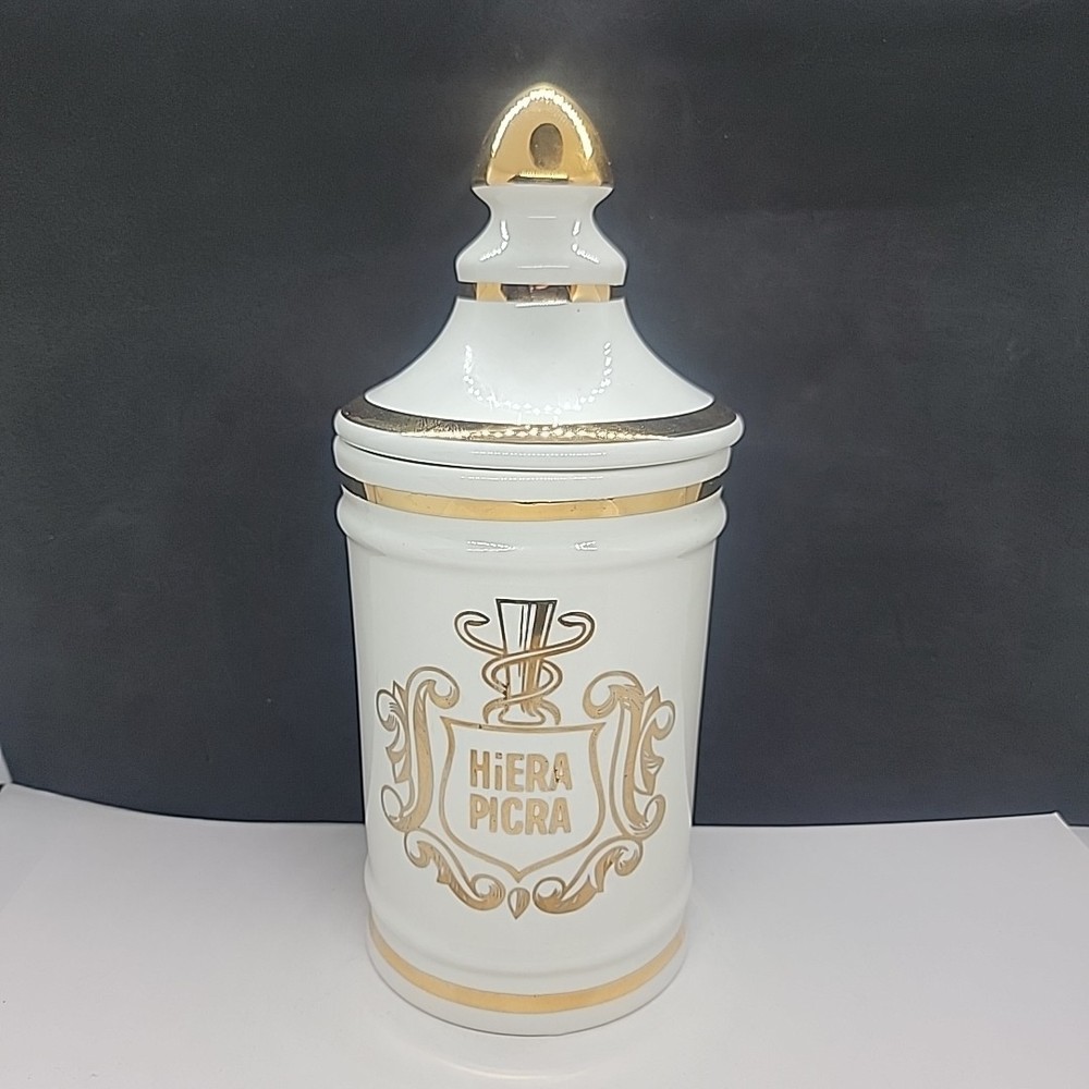 VINTAGE PHARMACY HIERA PICRA APOTHECARY CANISTER JAR WITH LID OWENS ILLINOIS