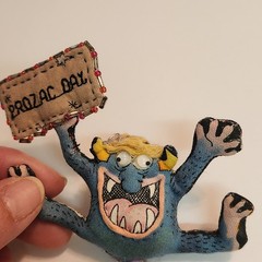 Vintage Hand Made “ Prozac Day “ Cloth Stuffed Goblin Monster Googley Eyes Pin