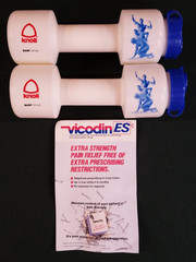 NOS Vintage 1980’s Pharmaceutical Promo Vicodin ES Water Bottle Dumbbells